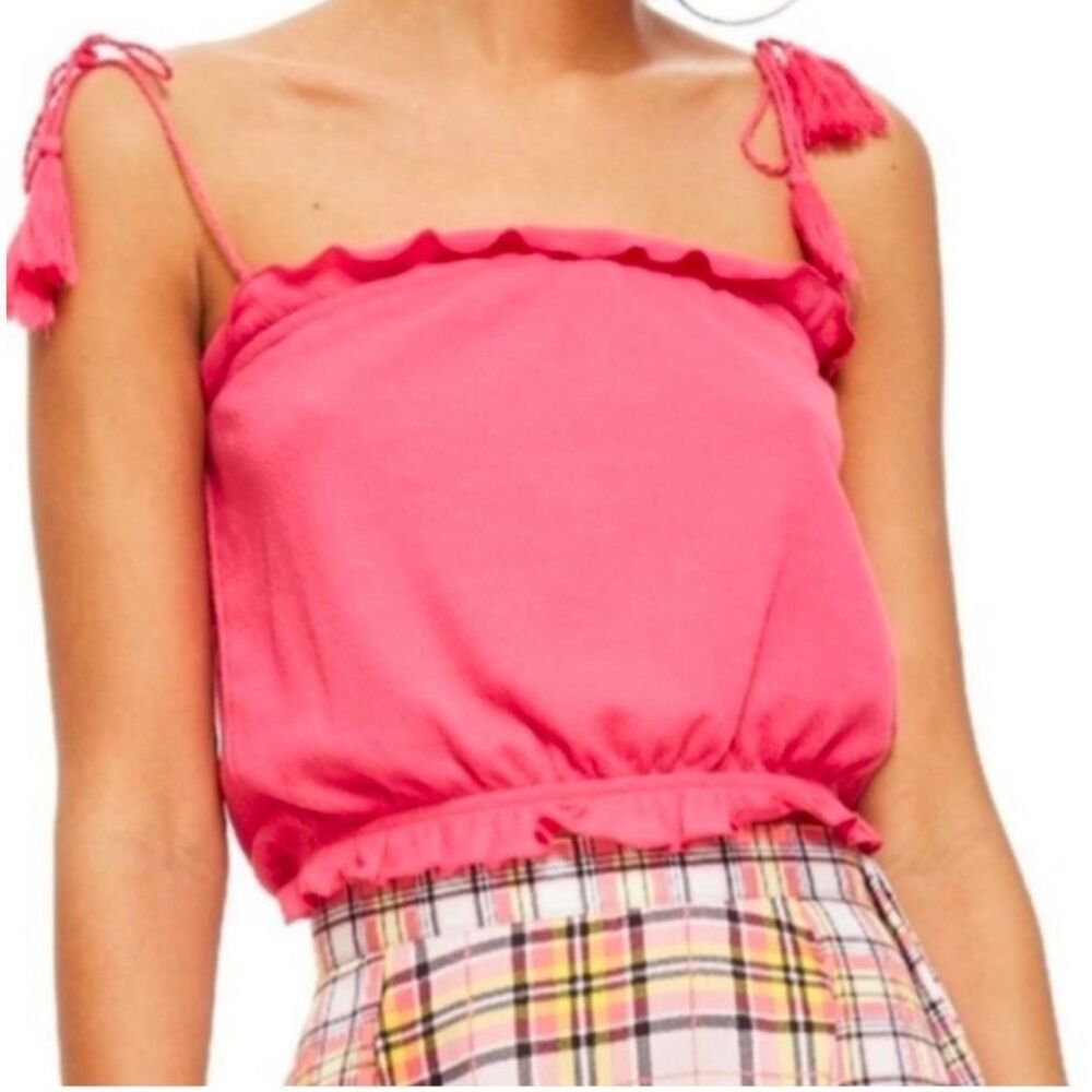 NWT Womens Topshop Top Shop Barbiecore Pink Tassel Smocked Crop Top - Sz 12